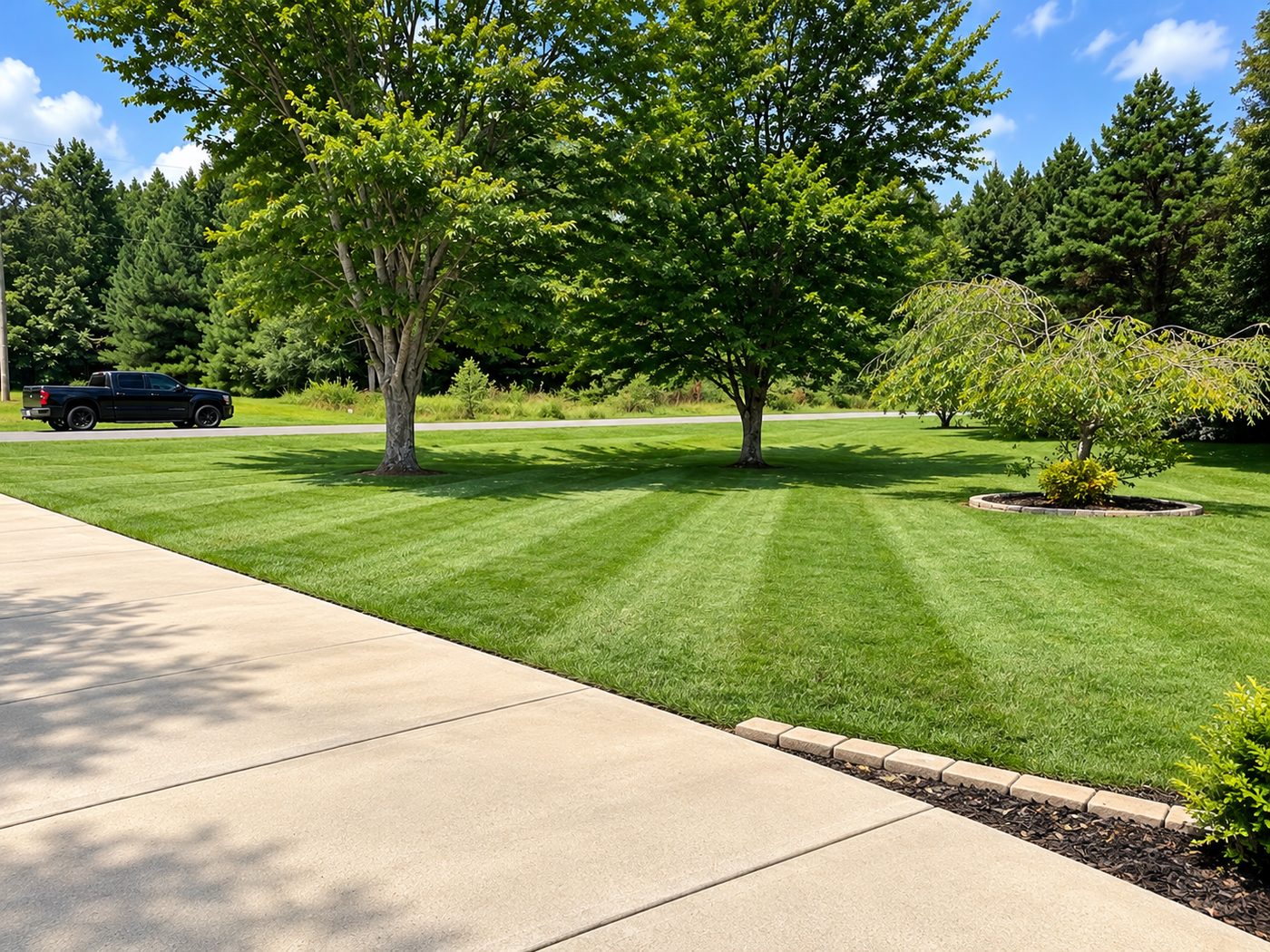 Striped front lawn with mature trees beside a clean driveway edge