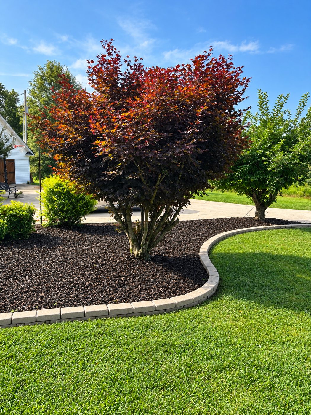 Japanese maple in a fresh mulch bed with a curved paver border